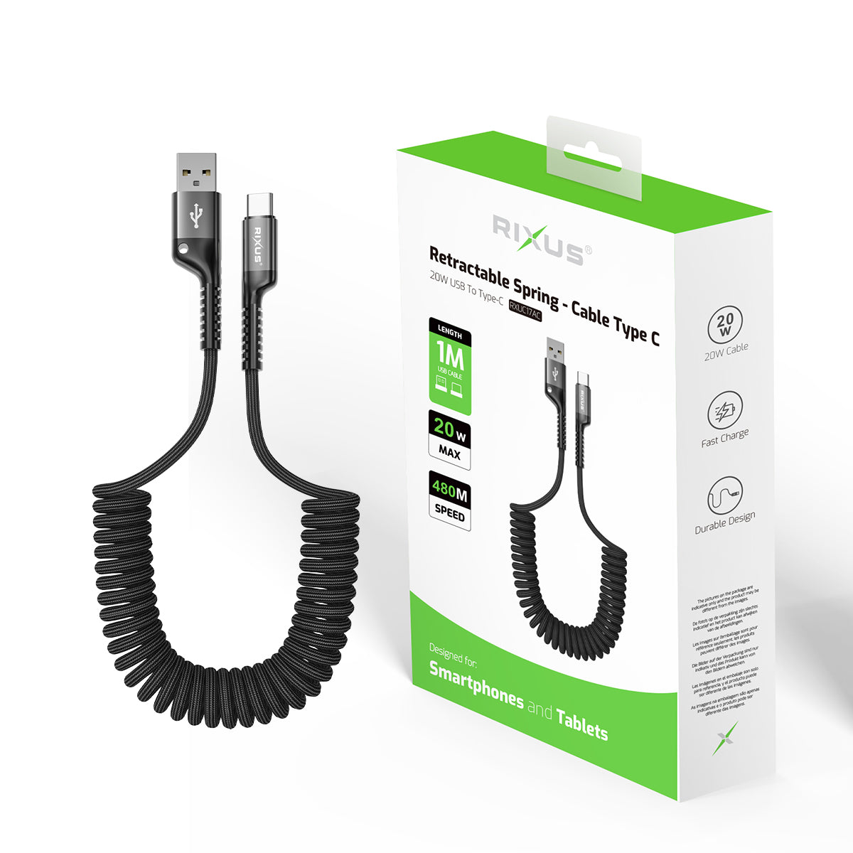 Rixus RXUC17AC Retractable Spring Cable USB-A to Type-C