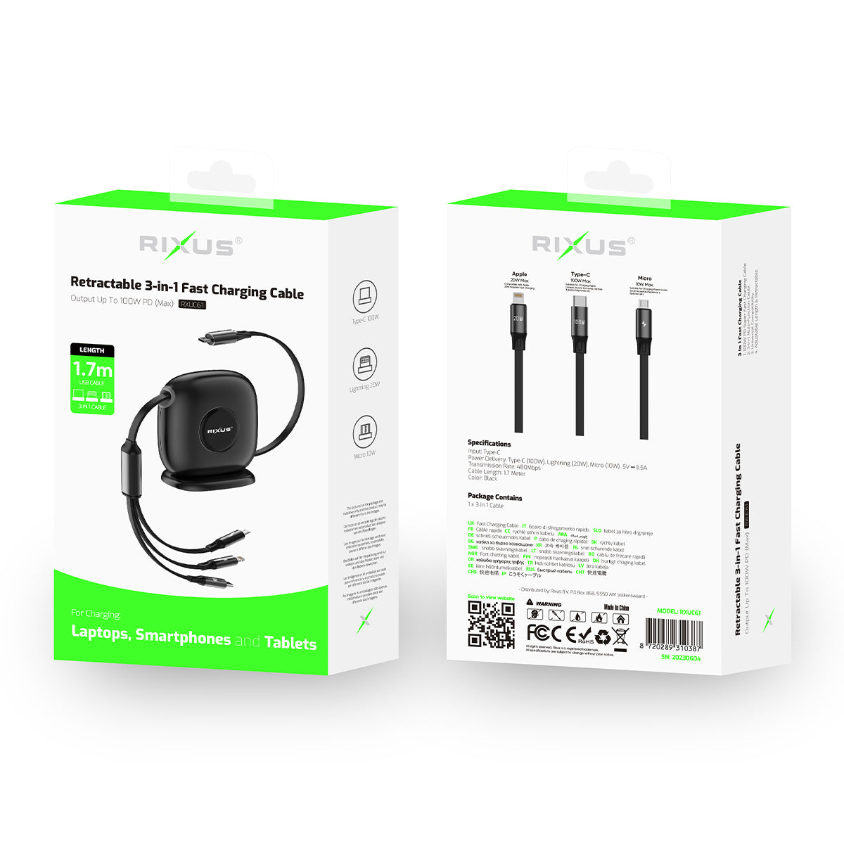 Rixus RXUC61 Retractable 3 in 1 Cable Desktop USB Type C Fast Charger