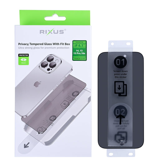 Rixus Blickschutz Panzerglas mit Montagerahmen für Apple iPhone 14, 13, 13 Pro, 16e