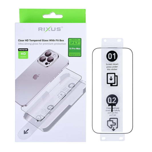 Rixus Klare HD Panzerglasfolie mit passgenauer Verpackung für Apple iPhone 15 Pro Max