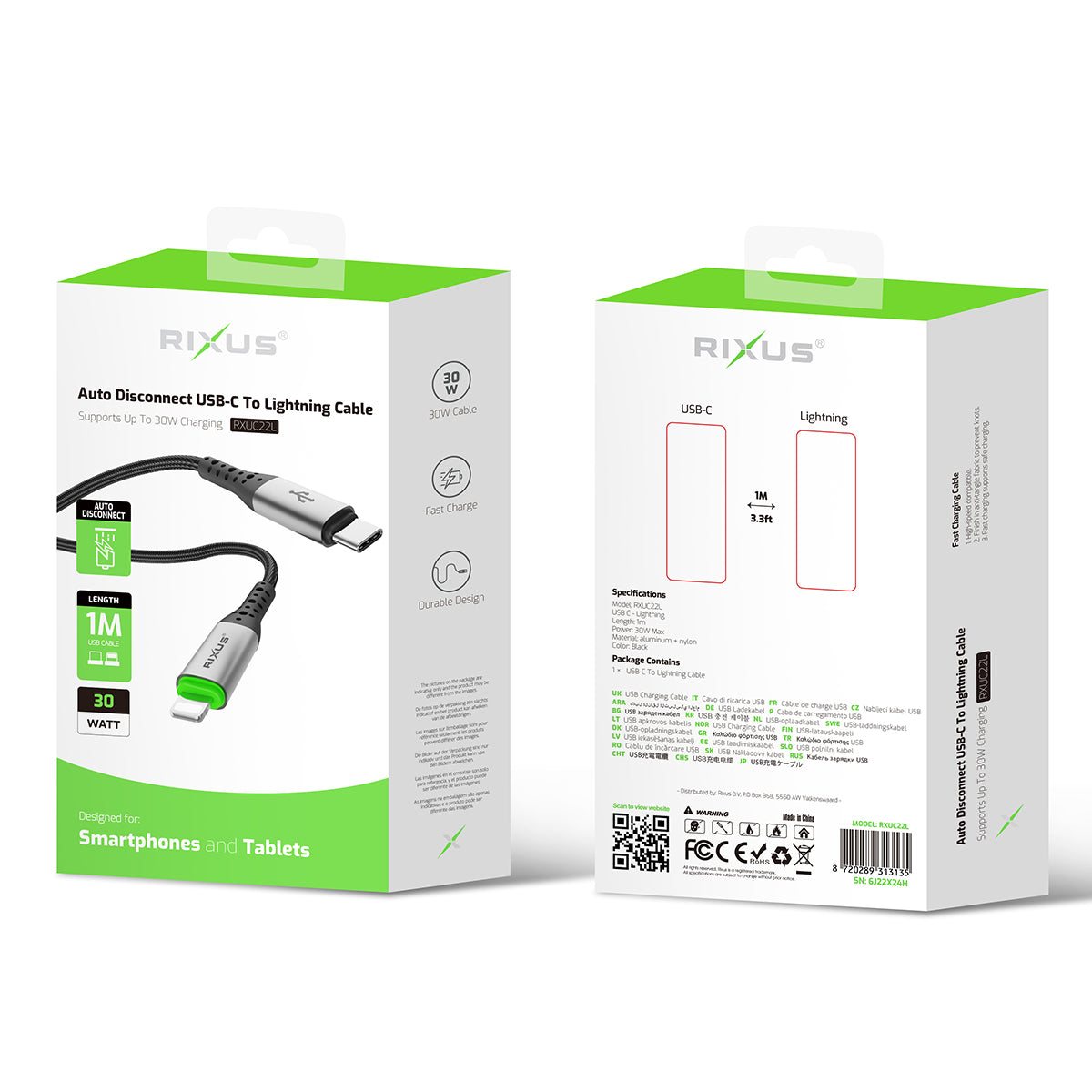Rixus RXUC22L Auto Disconnect USB-C To Lightning Cable