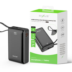 Rixus RXPB02B Digitalanzeige Powerbank mit integriertem USB-C-Kabel
