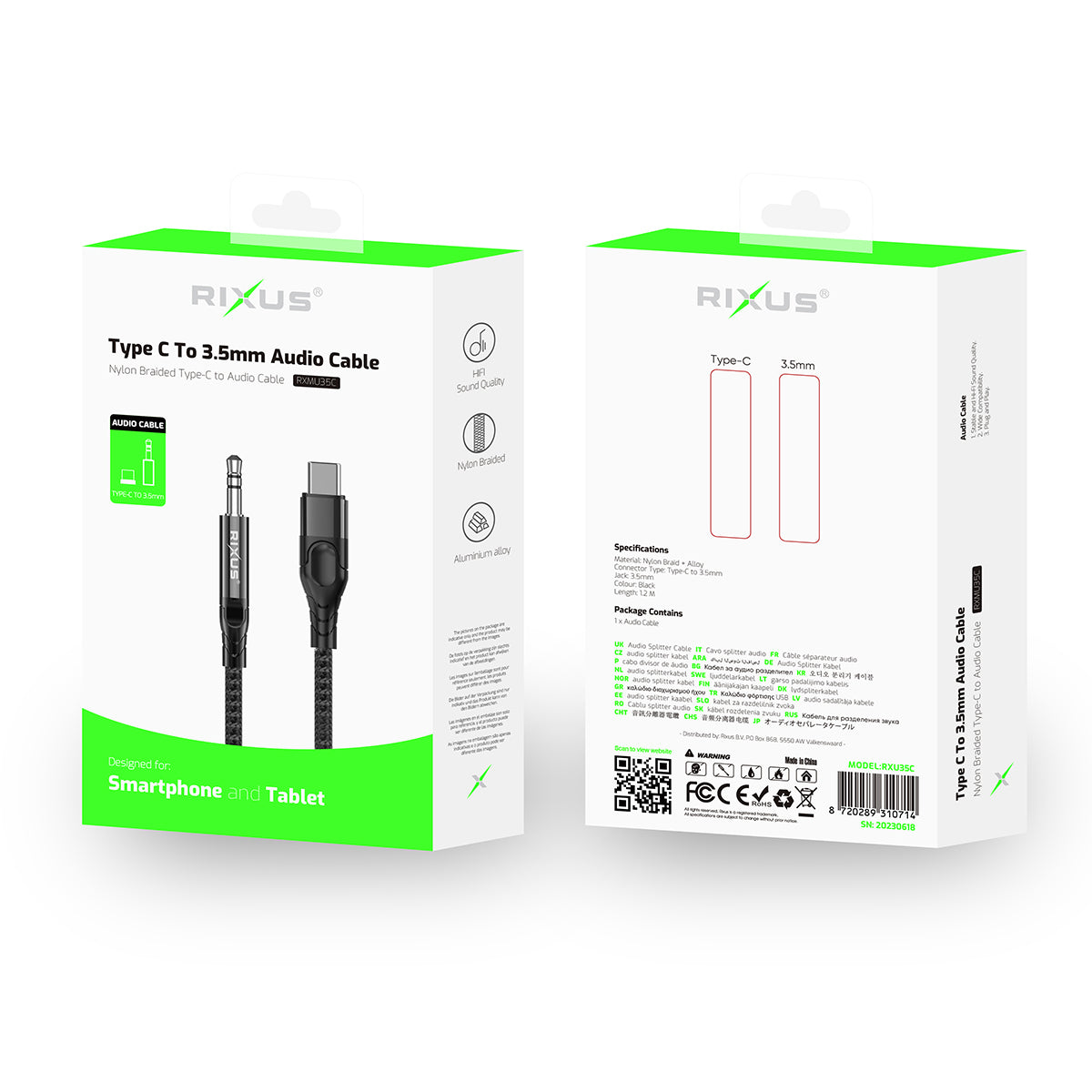 Rixus RXMU35C AUX To USB-C Braided Audio Cable 120 CM