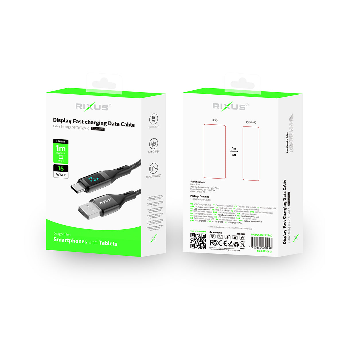 Rixus RXUC28AC Braided USB To USB-C Cable With LED Display