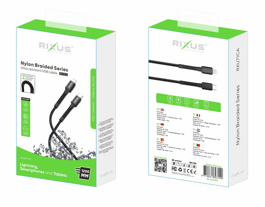 Rixus RXU71CA Nylon Braided USB-C To Lightning Cable 1.2mtr