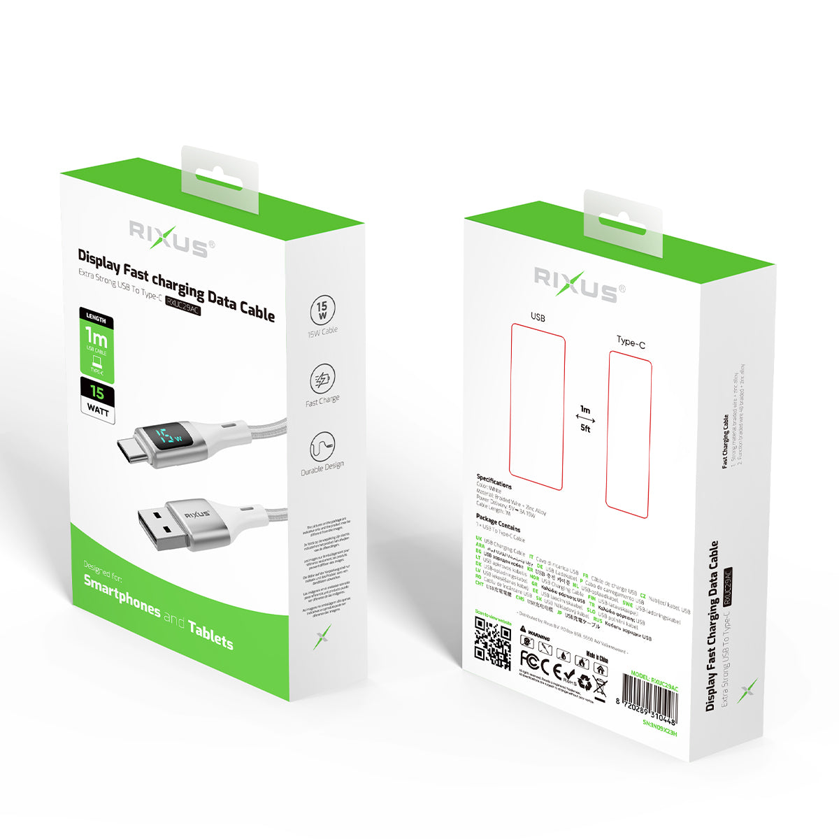 Rixus RXUC29AC Braided USB-A To USB-C Cable With LED Display