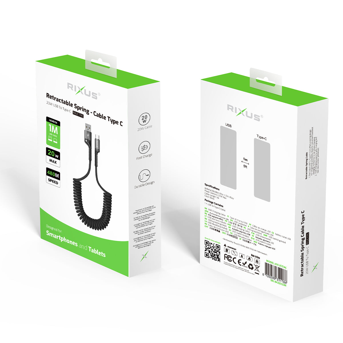 Rixus RXUC17AC Retractable Spring Cable USB-A to Type-C