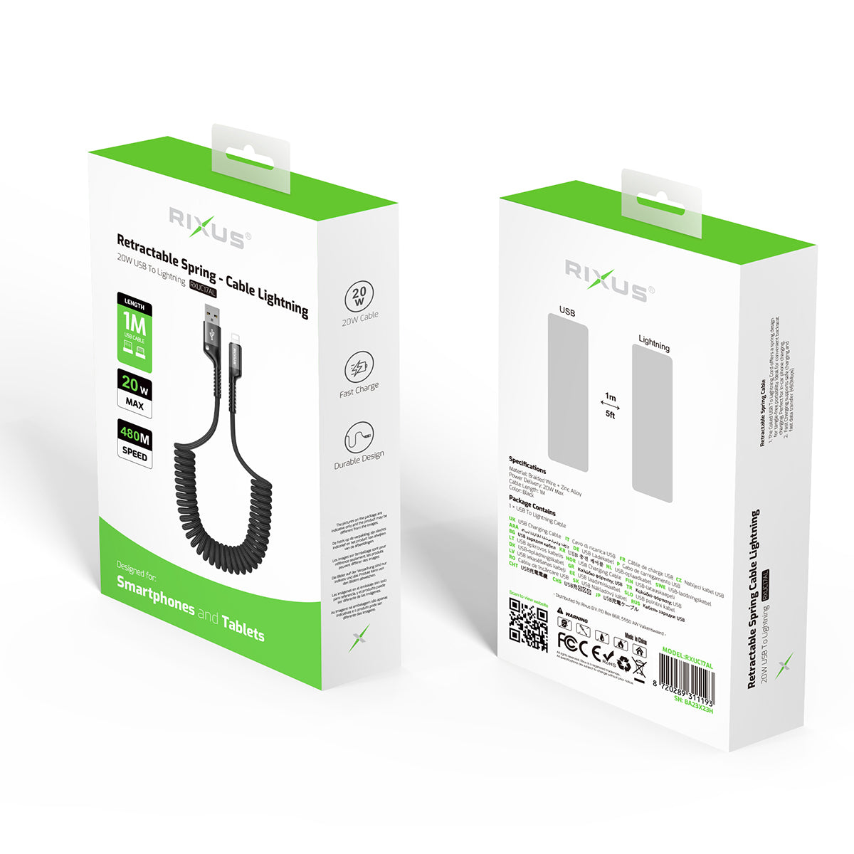 Rixus RXUC17AL Retractable Spring Cable USB-A To Lightning