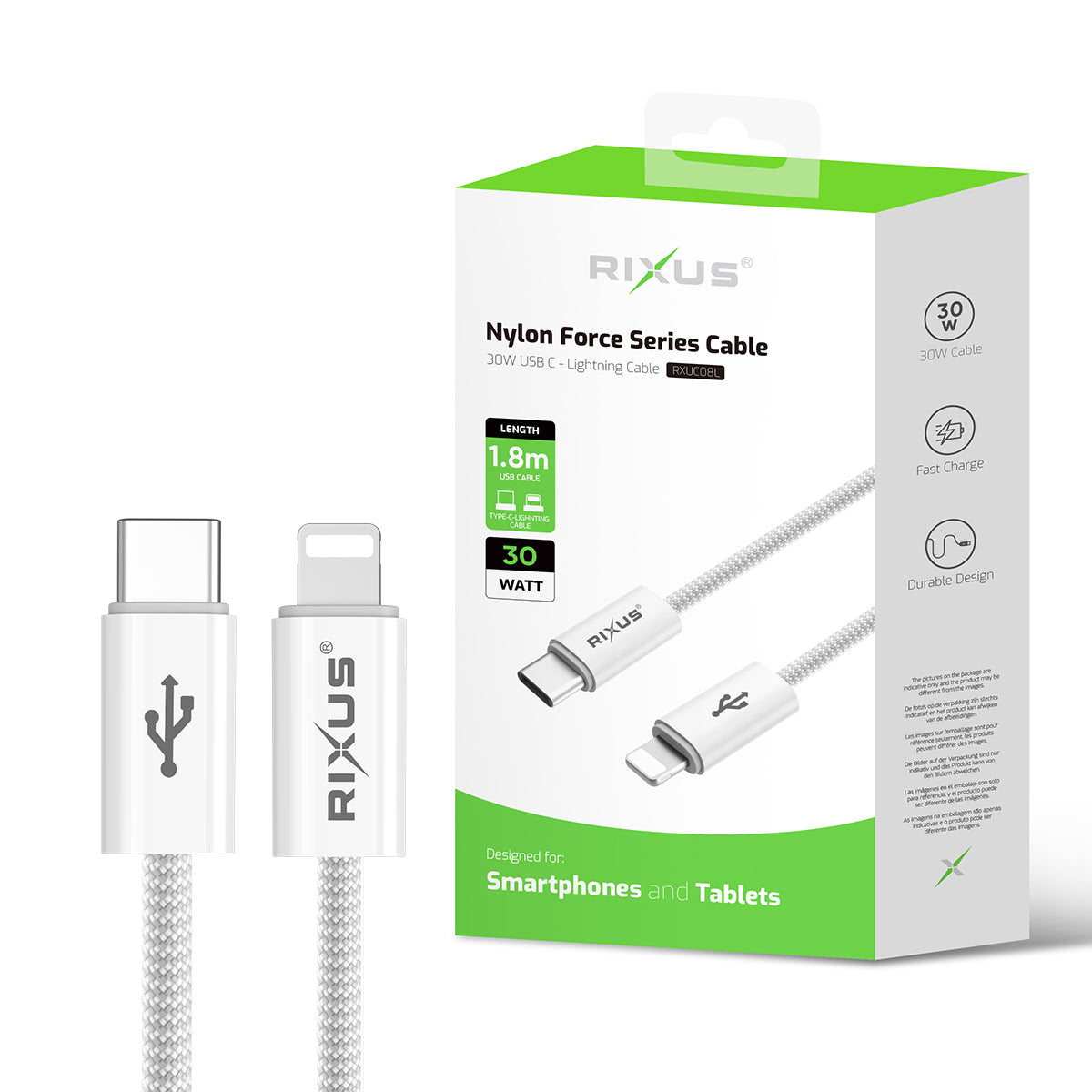 Rixus RXUC08L Fast Charging Cable USB-C To Lightning Cable Braided Nylon