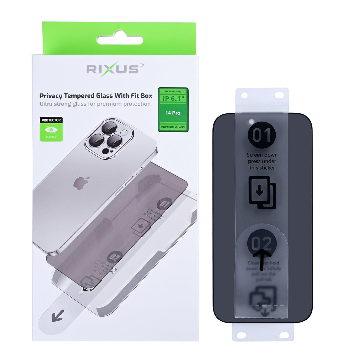 Rixus Blickschutz-Panzerglas mit Montagehilfe für Apple iPhone 14 Pro