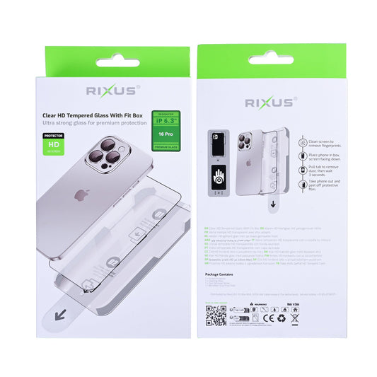 Rixus Clear HD gehärtetes Glas mit Passformbox für Apple iPhone 16 Pro