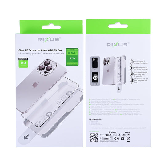 Rixus Clear HD Panzerglas mit Fit Box für Apple iPhone 15 Pro