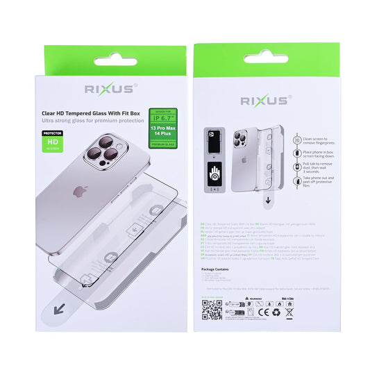 Rixus Clear HD Panzerglas mit Montagehilfe für Apple iPhone 13 Pro Max, 14 Plus