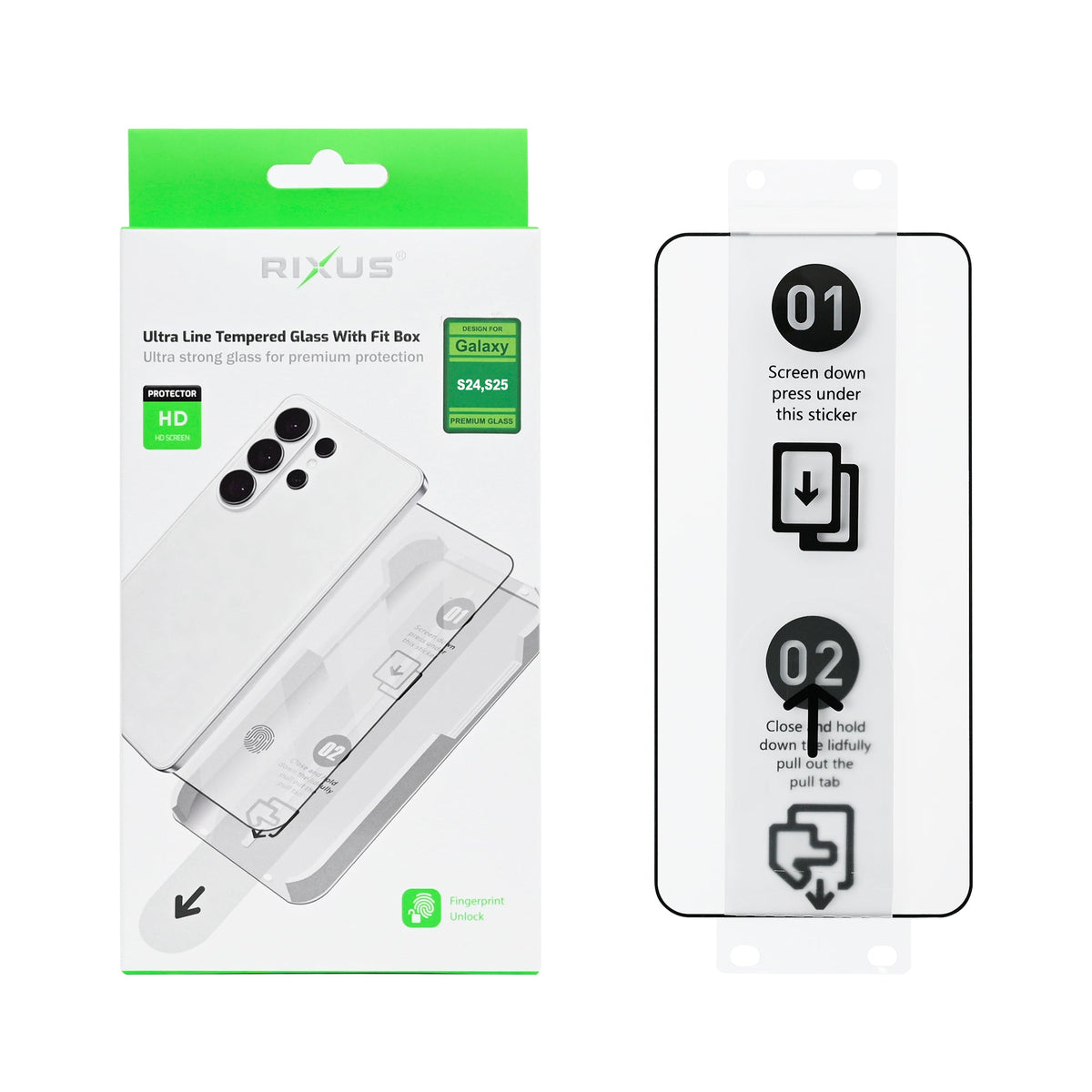 Rixus Ultra Line Gehärtetes Glas mit Passgenauer Box für Samsung Galaxy S24, S25