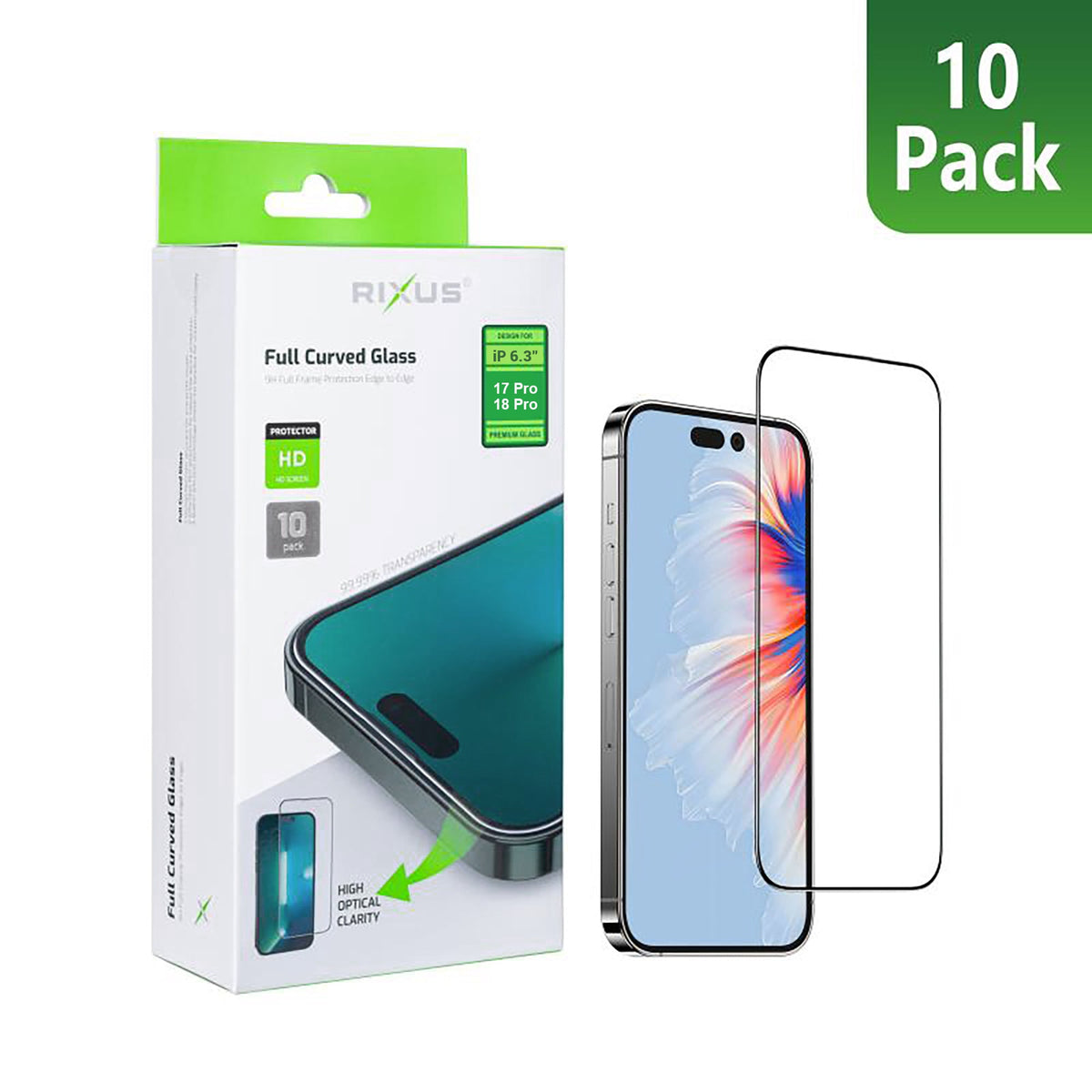 Rixus Clear HD Full Curved Edge Tempered Glass für Apple iPhone 17 Pro, 18 Pro (10er-Pack)
