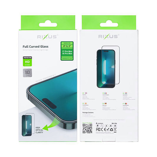 Rixus Clear HD Full Curved Edge Tempered Glass For Apple iPhone 17 Pro Max, 18 Pro Max (10-Pack)