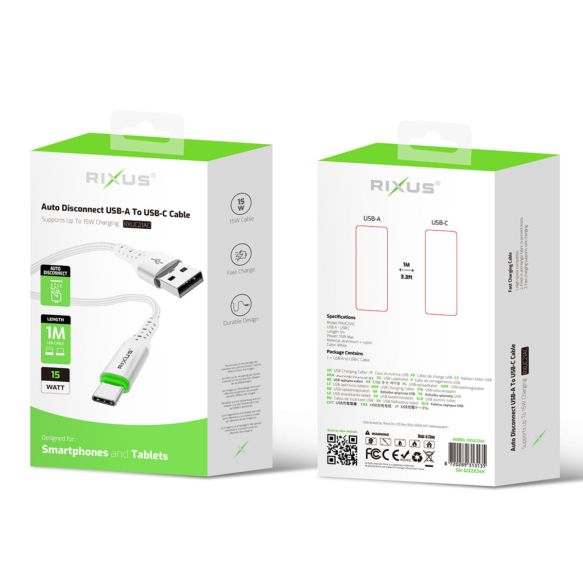 Rixus RXUC21AC Auto Disconnect USB-A To USB-C Cable