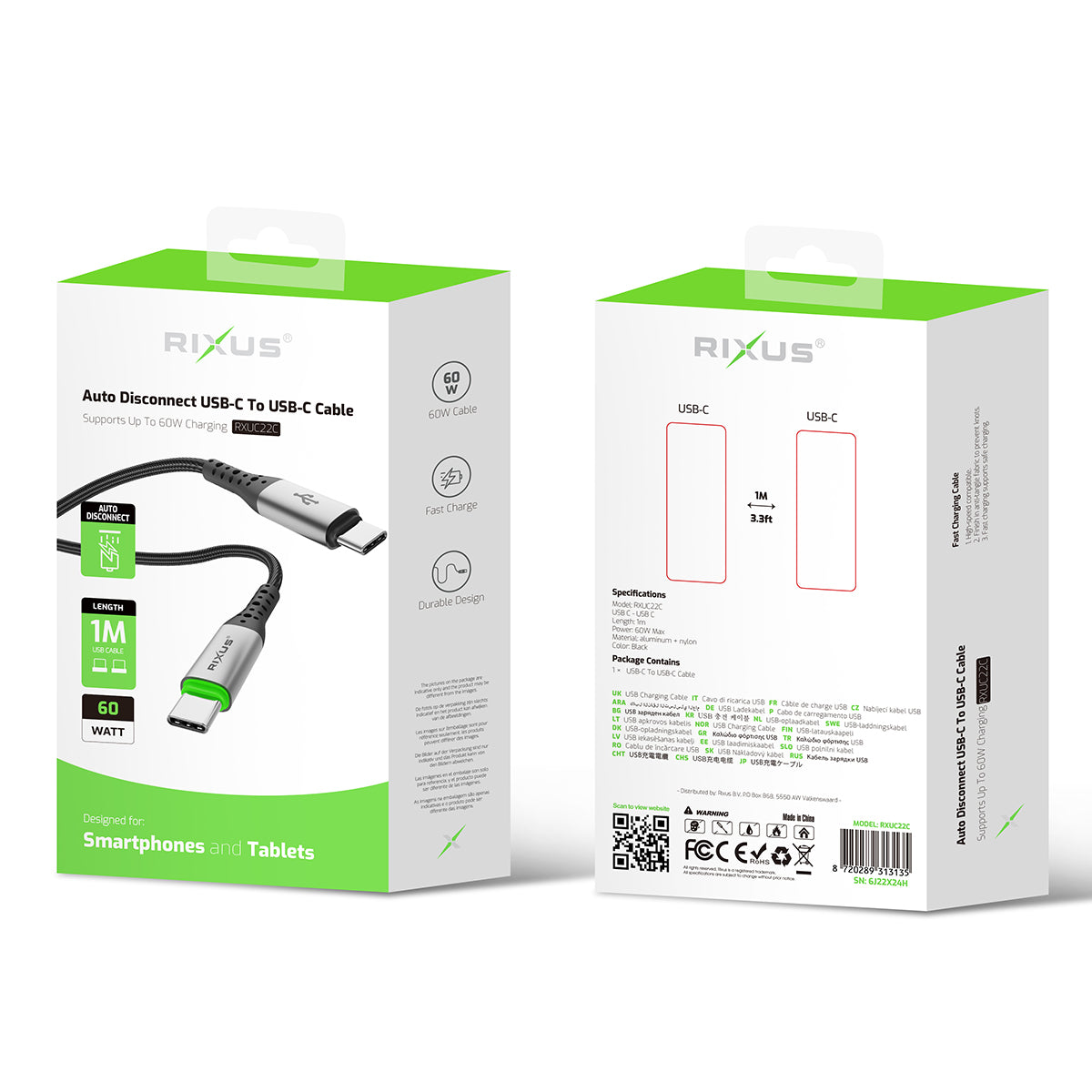 Rixus RXUC22C Auto Disconnect USB-C To USB-C Cable