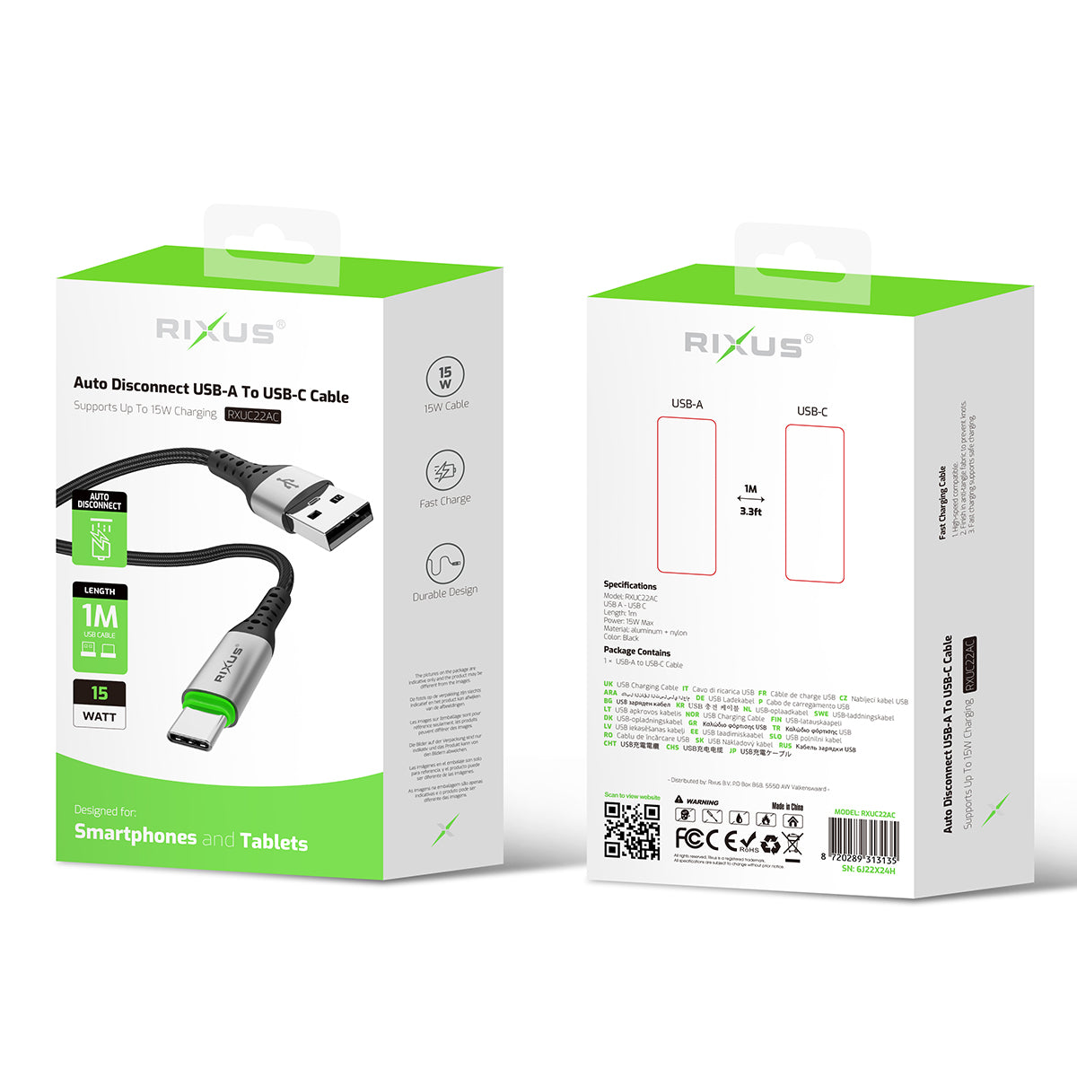 Rixus RXUC22AC Auto Disconnect USB-A To USB-C Cable