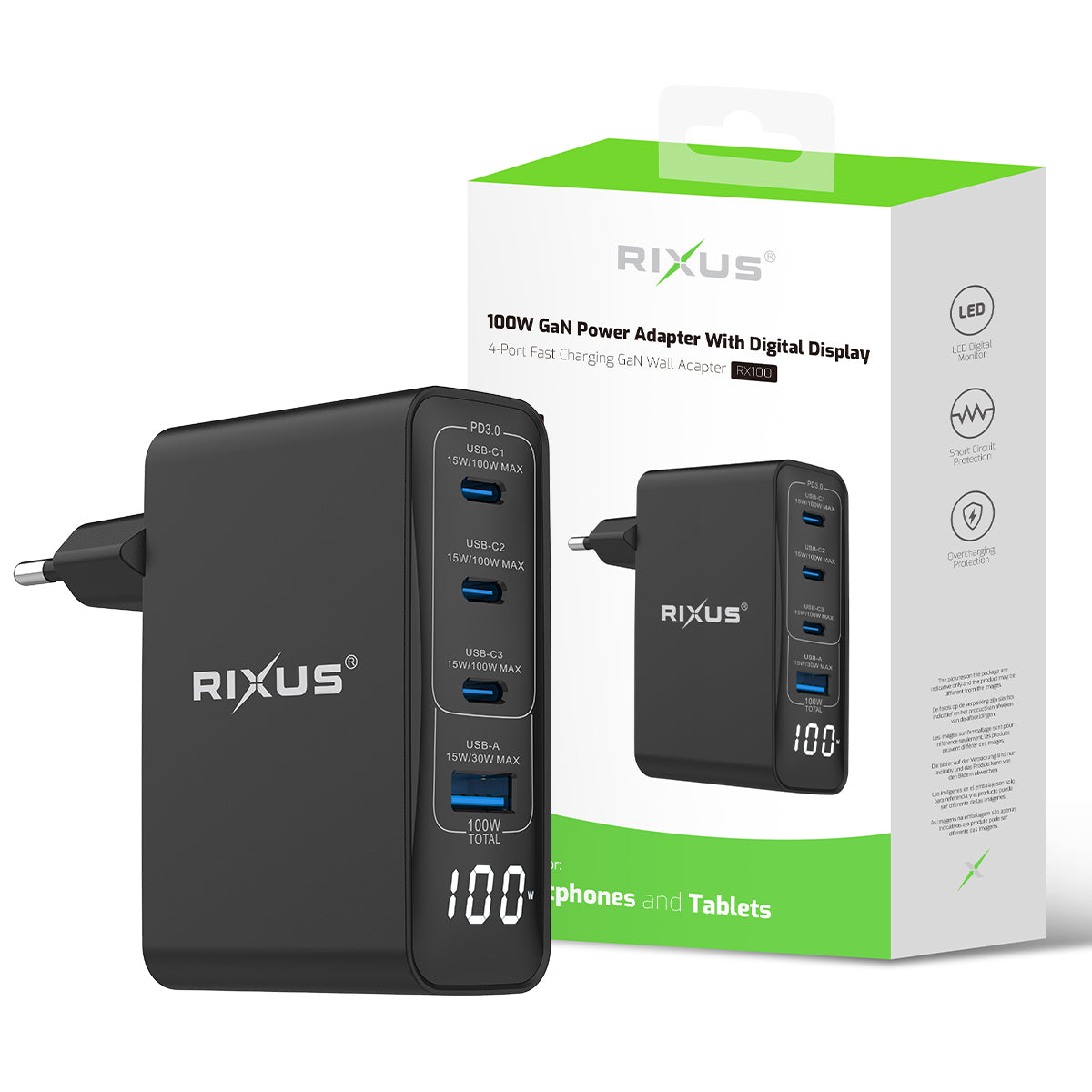 Rixus RX100 GaN Power Adapter With Digital Display