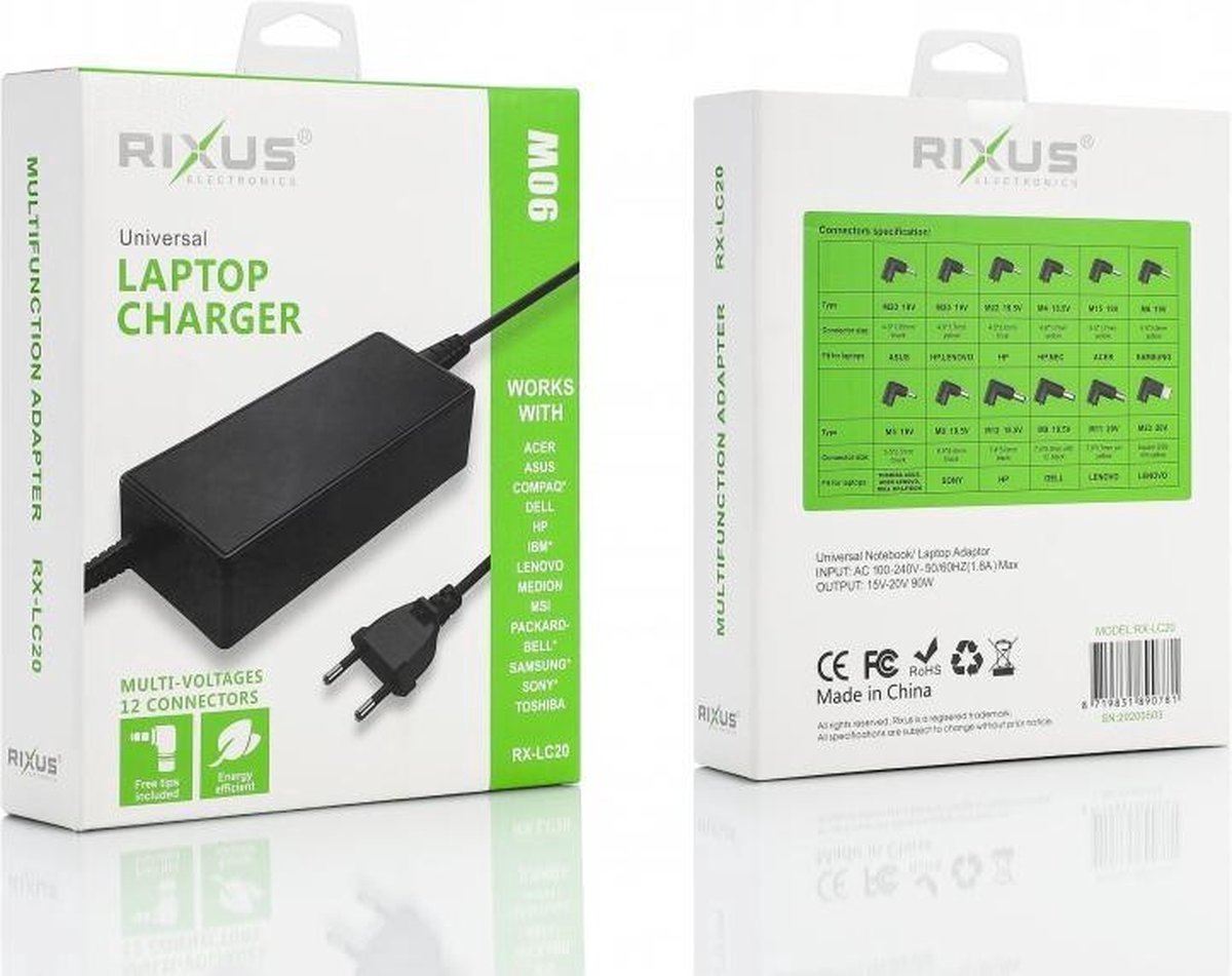 Rixus RXLC20 Universal Laptop Charger With 12 Connectors