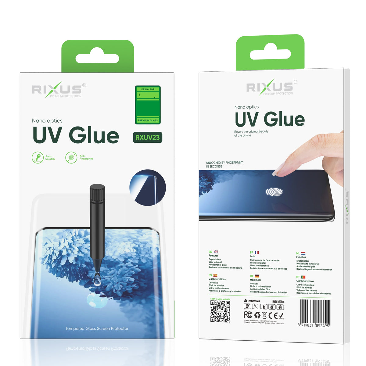 Rixus UV-Kleber gehärtetes Glas für Samsung Galaxy S8 Plus G955F, S9 Plus G965F